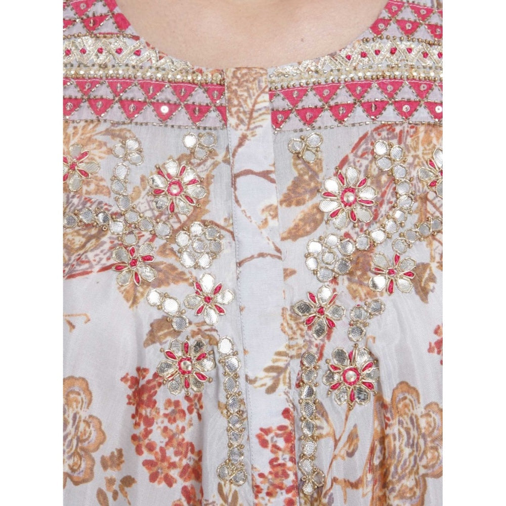 Gopi Vaid Printed Viscose Grey Asymmetric Kurta With Gotta Patti Work