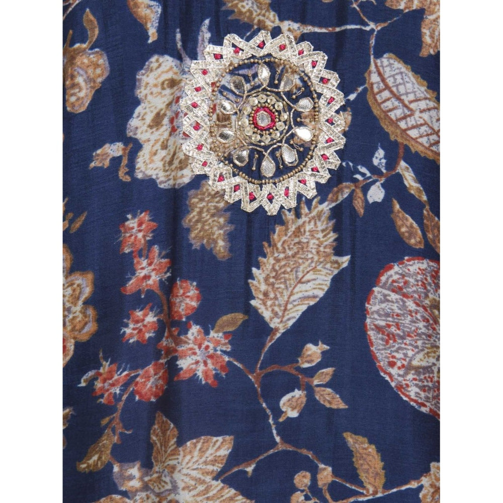 Gopi Vaid Printed Viscose Navy Straight Cut Kurta With Gotta Patti Work