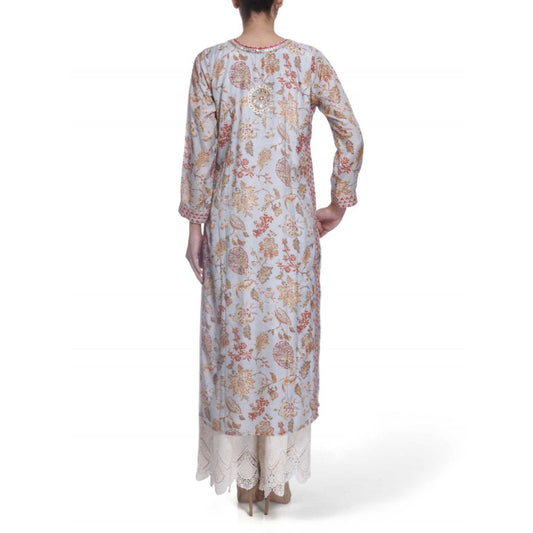 Gopi Vaid Printed Viscose Grey Straight Cut Kurta With Gotta Patti Work