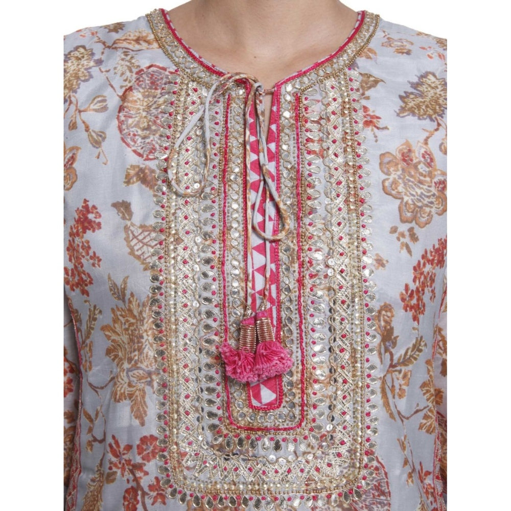Gopi Vaid Printed Viscose Grey Straight Cut Kurta With Gotta Patti Work