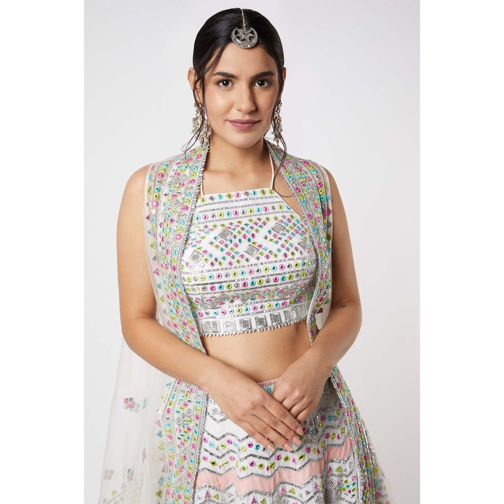 Gopi Vaid Noor Chevron Lehenga with Cape (Set of 3)