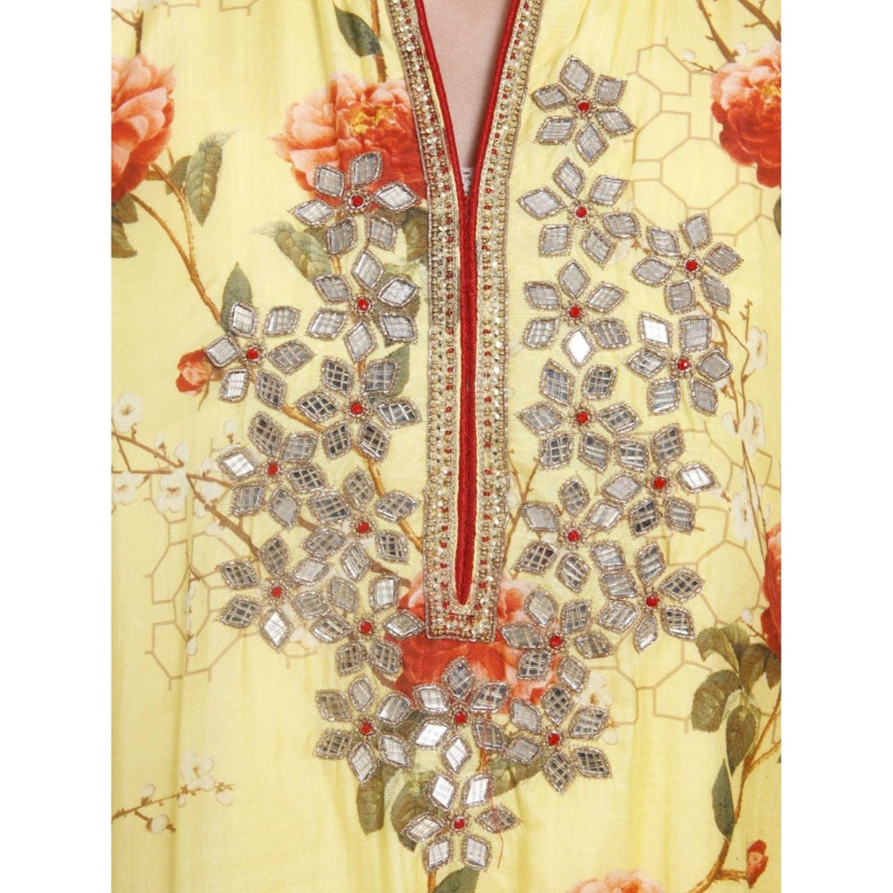 Gopi Vaid Cotton Silk Chanderi Yellow Asymmetric Kurta With Mirror Jardosi Work