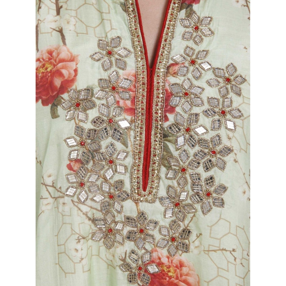 Gopi Vaid Cotton Silk Chanderi Lime Asymmetric Kurta With Mirror Jardosi Work