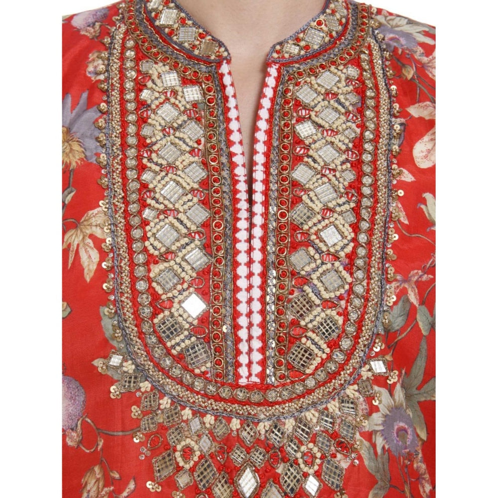 Gopi Vaid Viscose Printed Red Straight Cut Kurta With Mirror Beads Work