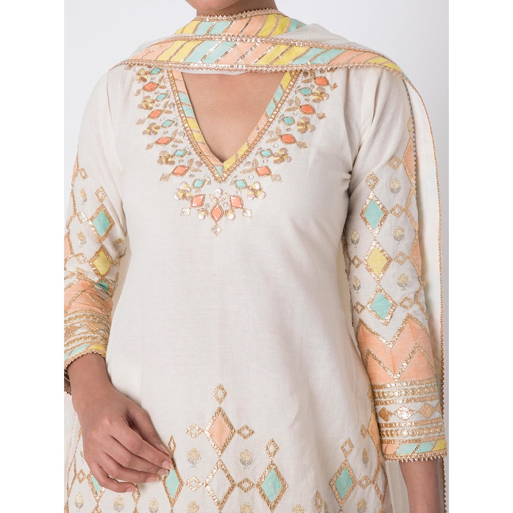 Gopi vaid Off White Gota Work Kurta With Sharara & Dupatta (Set of 3)