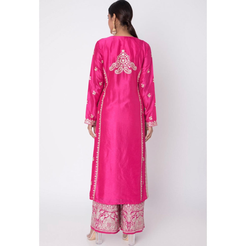 Gopi vaid Pink Embroidered Kurta With Palazzo & Dupatta (Set of 3)