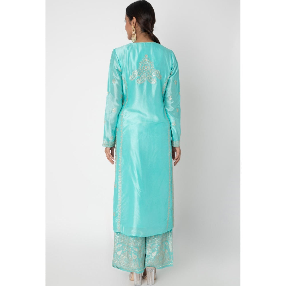 Gopi vaid Turquoise Embroidered Kurta With Palazzo & Dupatta (Set of 3)