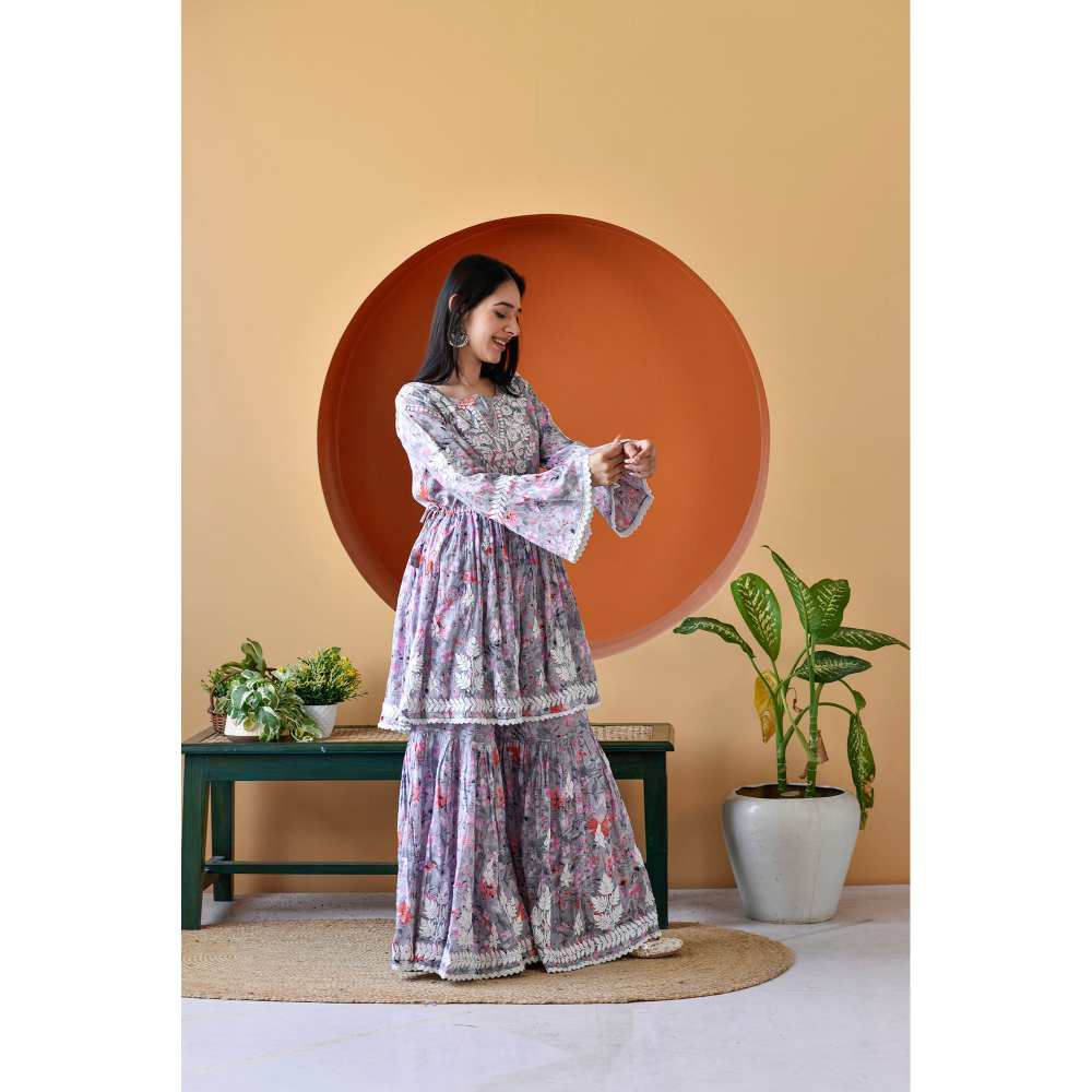 House of Chikankari Zarah Chikankari Mulmul Gharara (Set of 2)