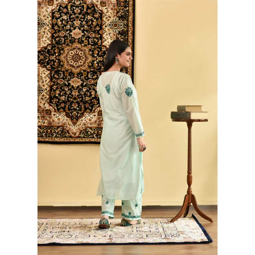 House of Chikankari Nihal Chikankari Chanderi Straight Kurta (Set of 3)
