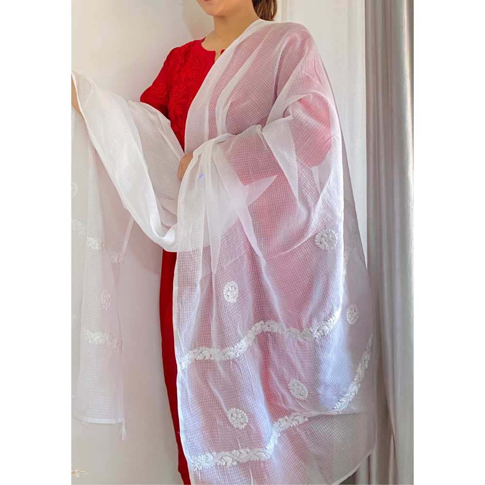 House of Chikankari Alizeh Chikankari Kota Dupatta - White