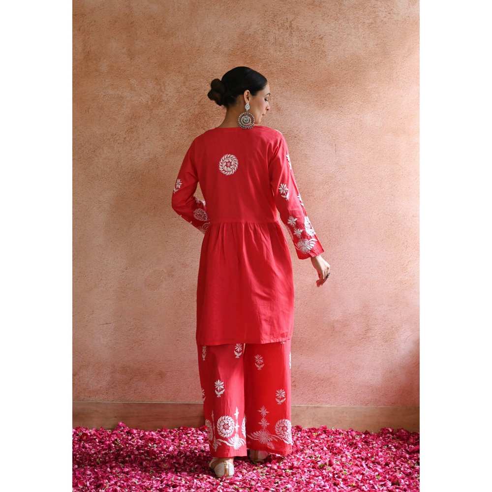 House of Chikankari Hoor Chikankari Cotton Short Kurta - Red (Set of 2)