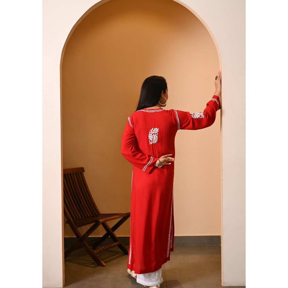 House of Chikankari Eshal Chikankari Modal Straight Kurta - Red