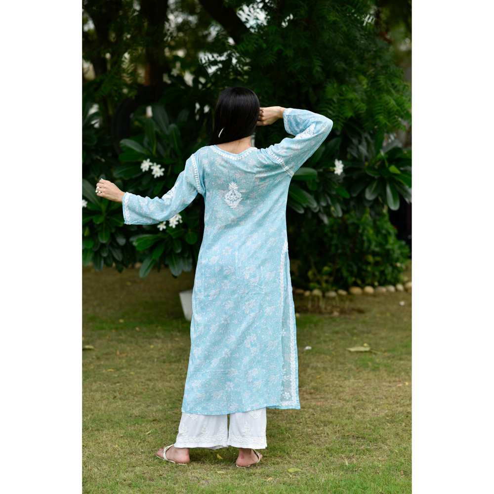 House of Chikankari Marwa Chikankari Mulmul Straight Kurta - Blue