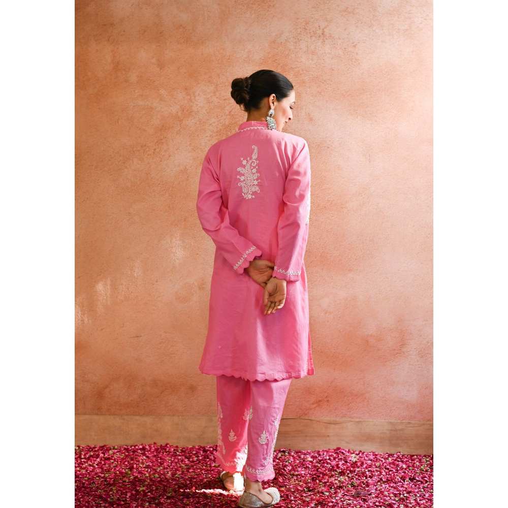 House of Chikankari Abru Chikankari Cotton Short Kurta - Pink (Set of 2)