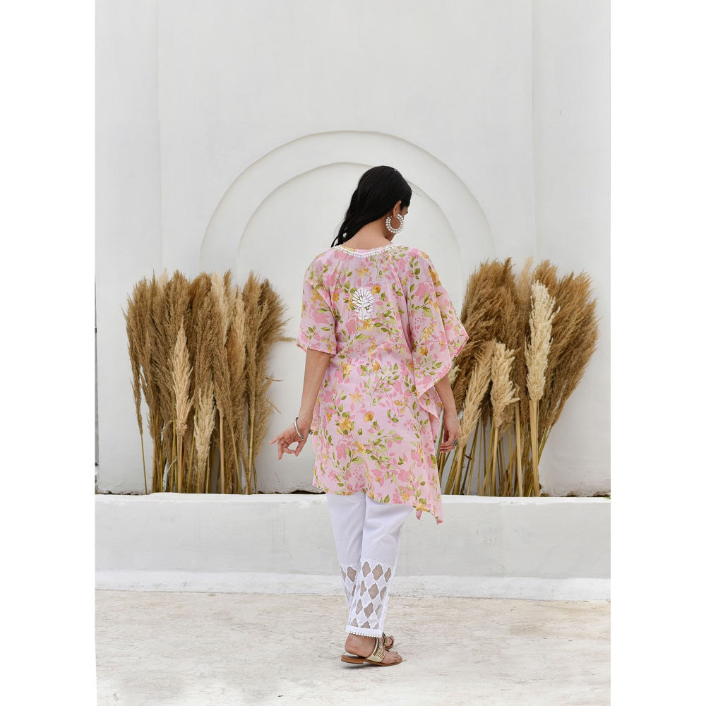 House Of Chikankari Jafna Chikankari Mulmul Short Pink Kaftan