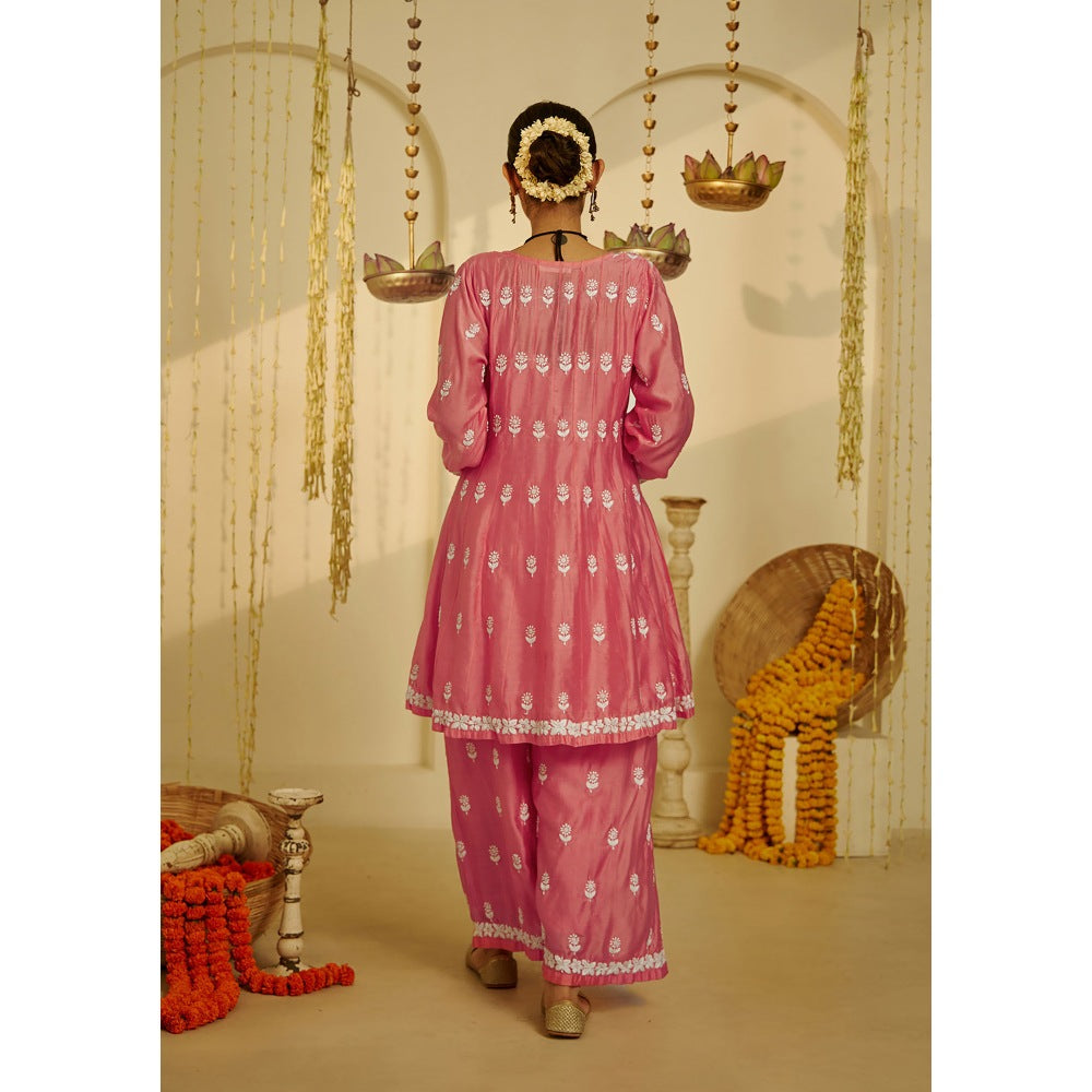 House of Chikankari Pink Samina Chikankari Chanderi Short Anarkali (Set of 2)