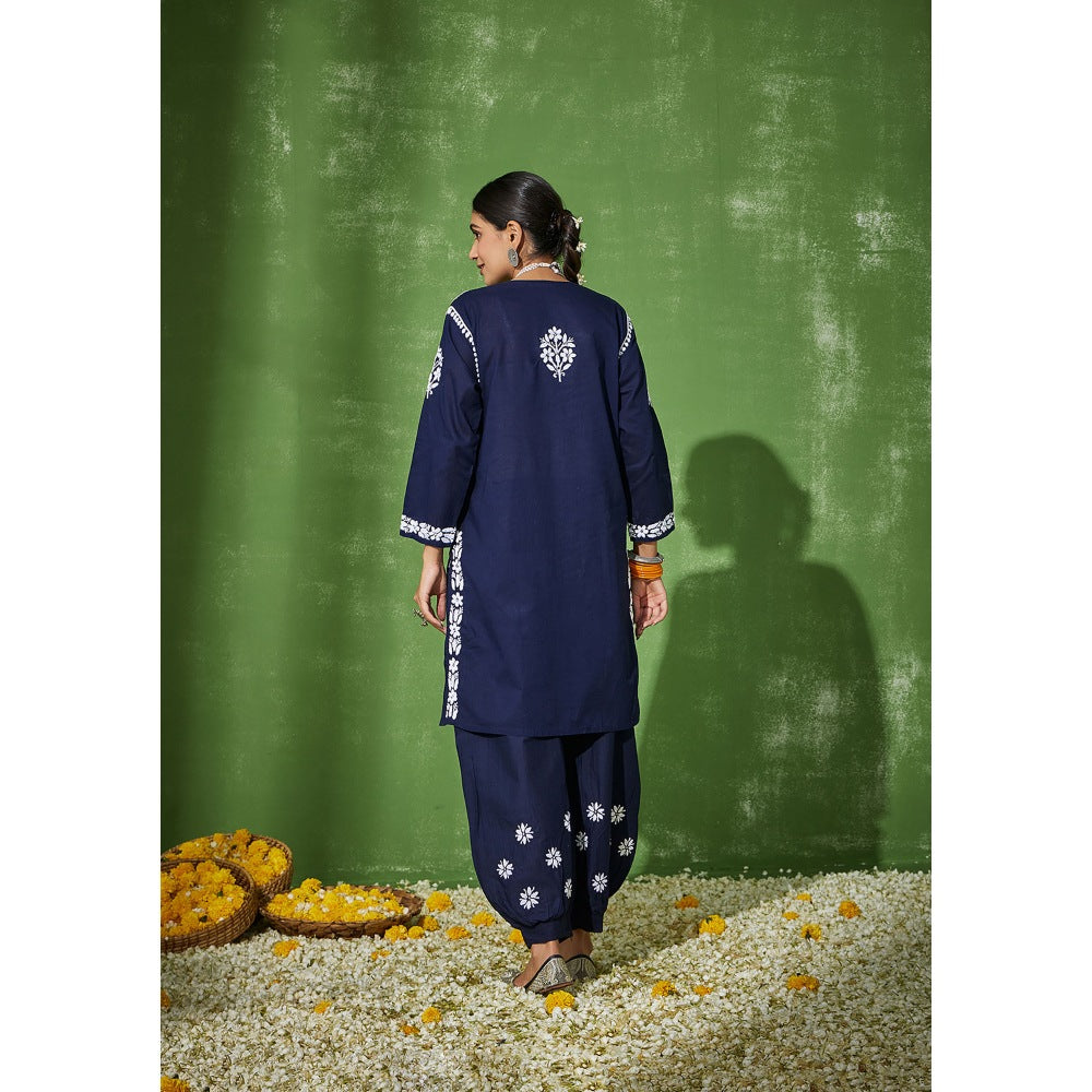 House of Chikankari Navy Blue Zunaira Chikankari Cotton Kurta with Afghani Salwar (Set of 2)