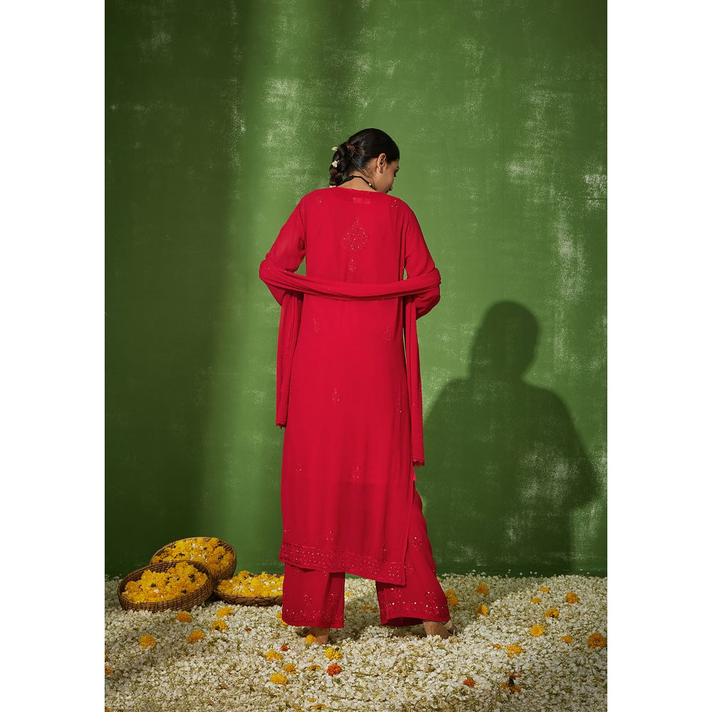 House of Chikankari Red Taibah Chikankari Georgette Straight Palazzo with Dupatta (Set of 4)