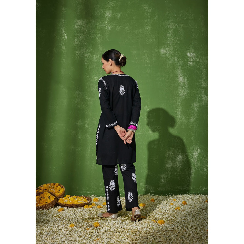 House of Chikankari Black Areeba Chikankari Cotton Short Kurta with Pant (Set of 2)