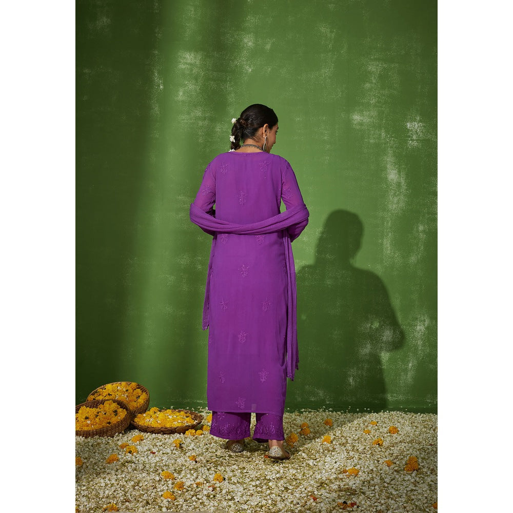 House of Chikankari Purple Shiza Chikankari Georgette Straight Palazzo with Dupatta (Set of 4)