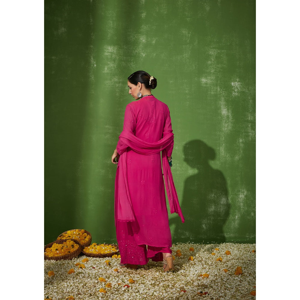 House of Chikankari Pink Safina Chikankari Georgette Straight Palazzo with Dupatta (Set of 4)