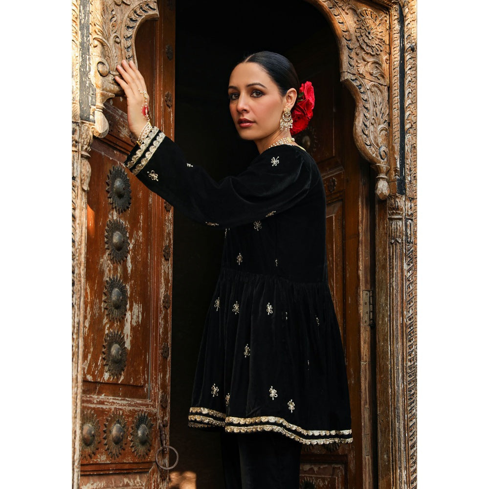 House of Chikankari Rumi Embroidered Velvet Black A-Line Kurti with Palazzo (Set of 2)