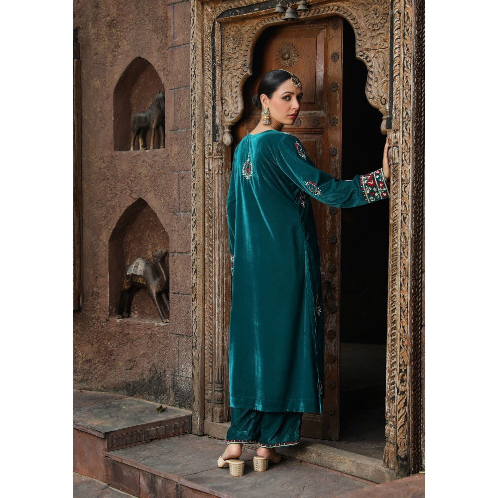 House of Chikankari Rumi Embroidered Velvet Teal Straight Kurta with Palazzo (Set of 2)