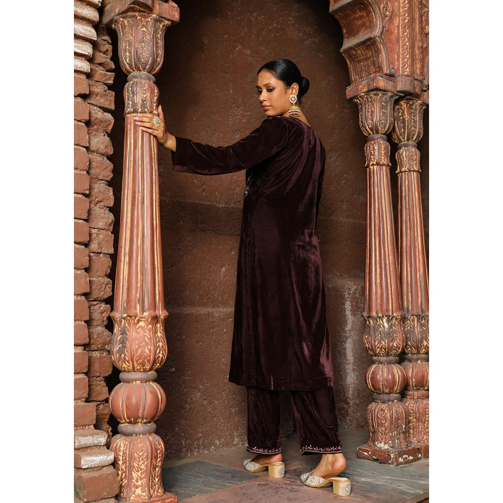 House of Chikankari Rumi Embroidered Velvet Brown Straight Kurta with Palazzo (Set of 2)