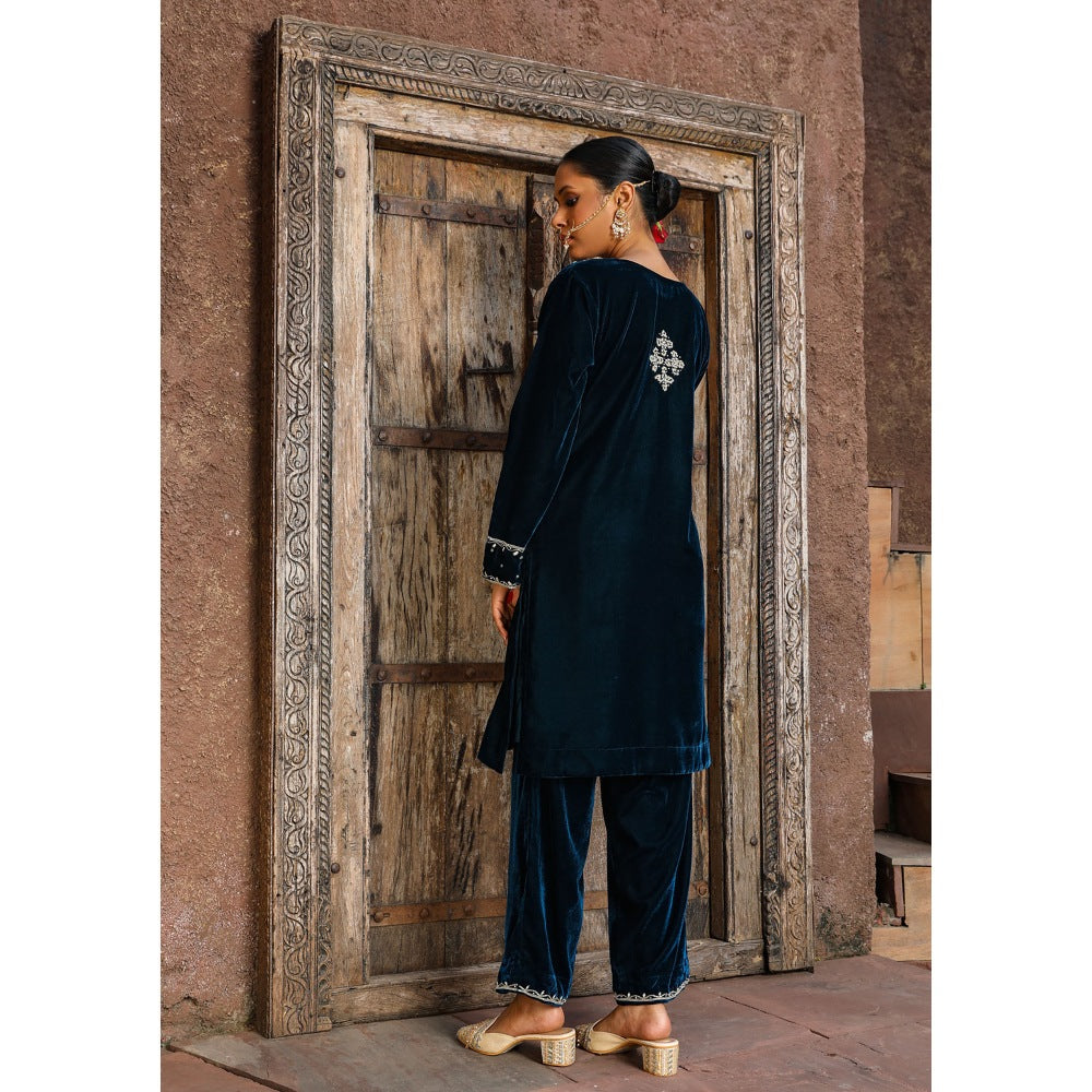 House of Chikankari Rumi Embroidered Velvet Blue Straight Kurta with Palazzo (Set of 2)