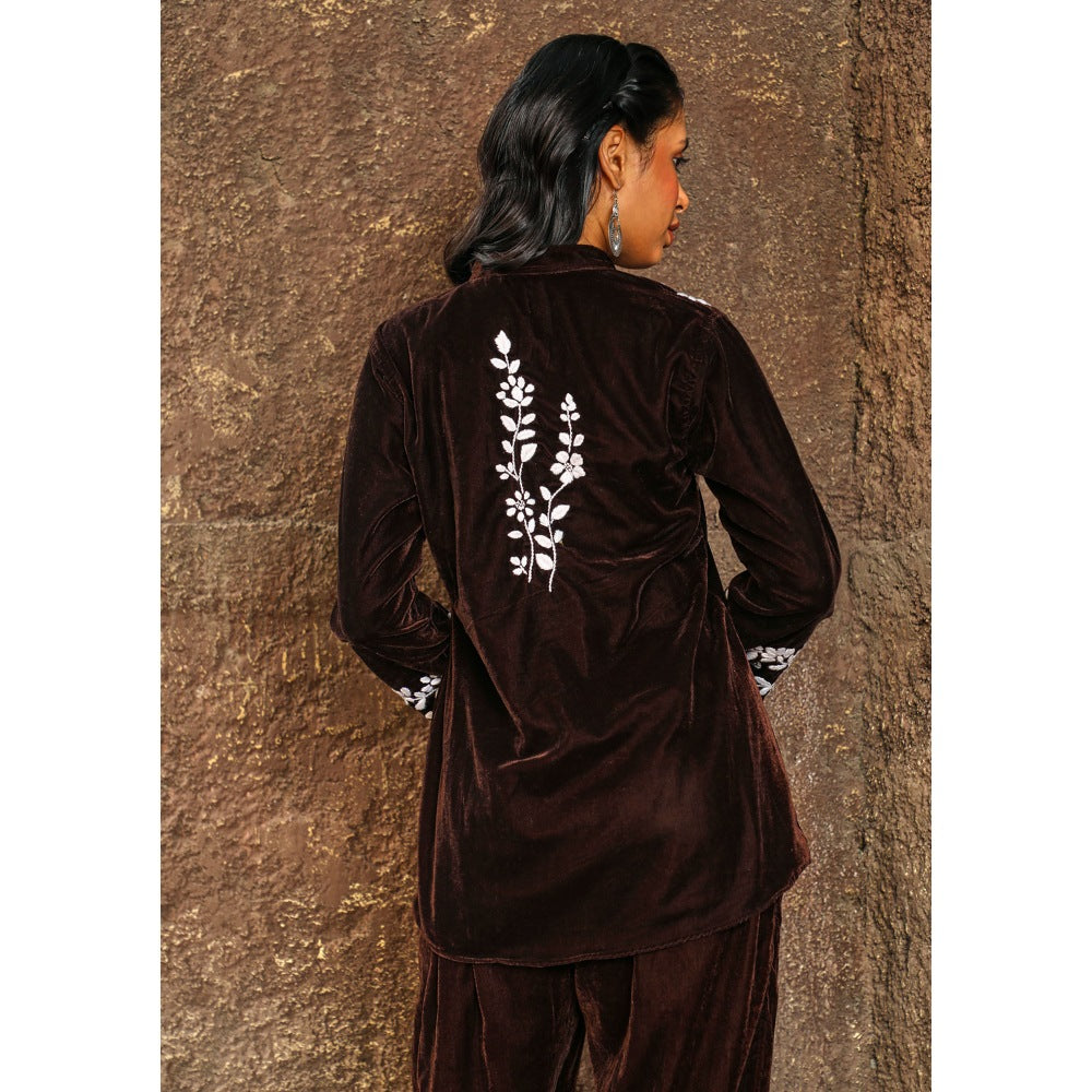 House of Chikankari Rumi Chikankari Velvet Brown Straight Shirt with Pant (Set of 2)