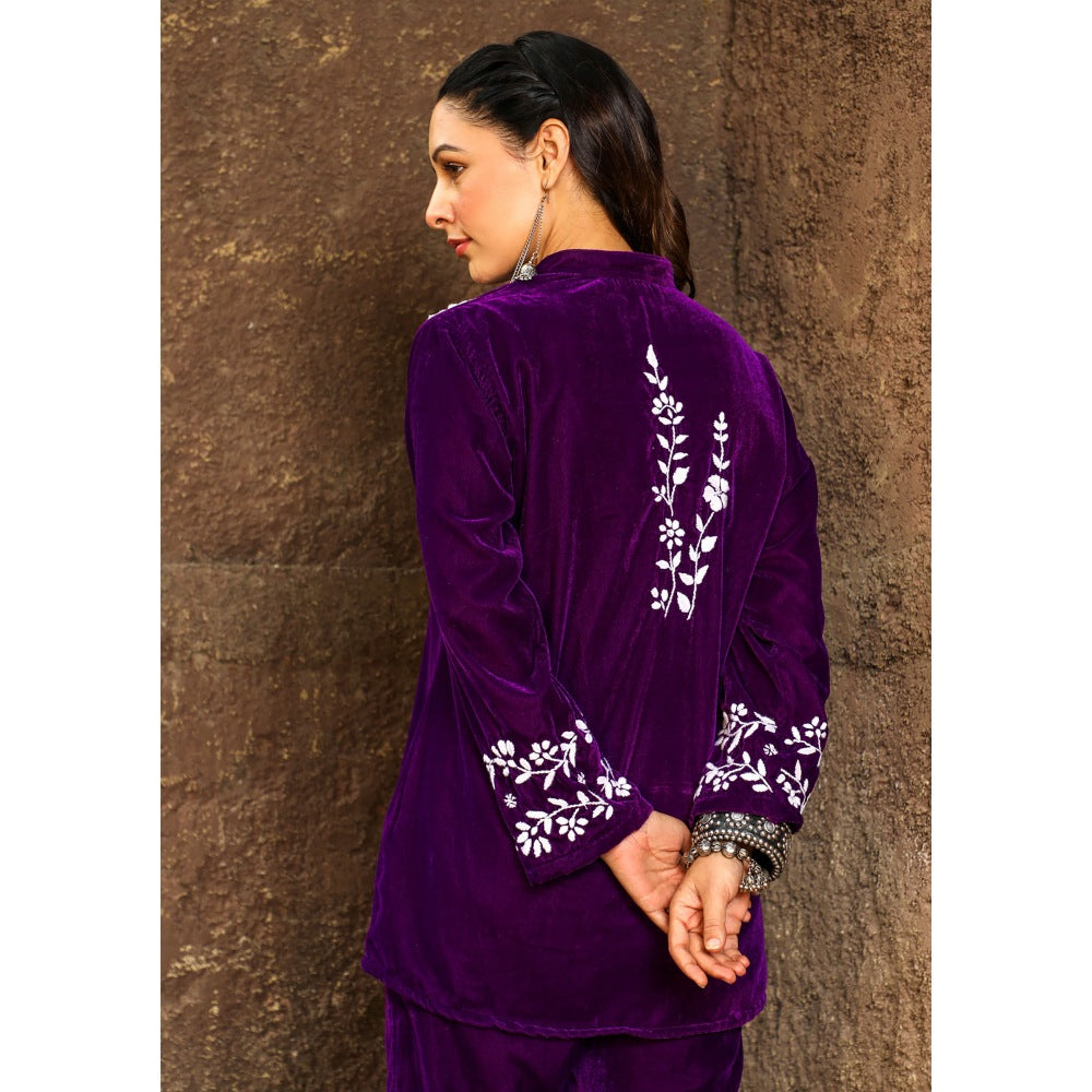 House of Chikankari Rumi Chikankari Velvet Purple Straight Shirt with Pant (Set of 2)