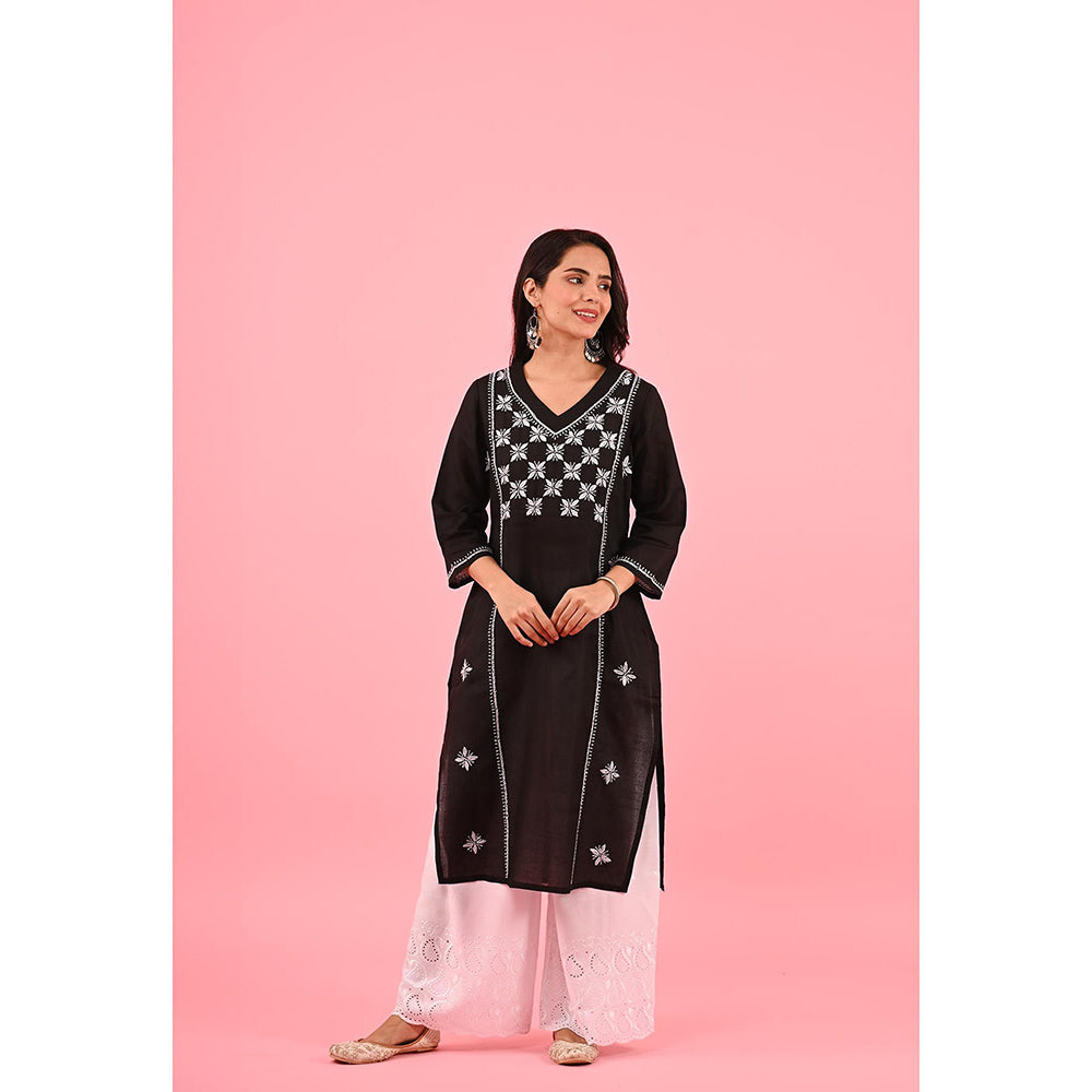 House of Chikankari Zinia Chikankari Cotton Straight Kurta Black