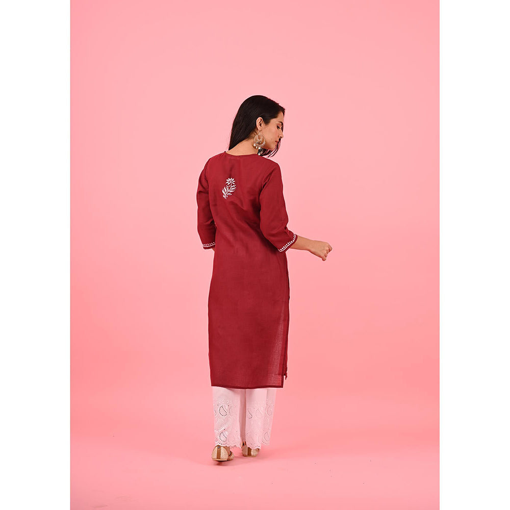 House of Chikankari Zinia Chikankari Cotton Straight Kurta Red
