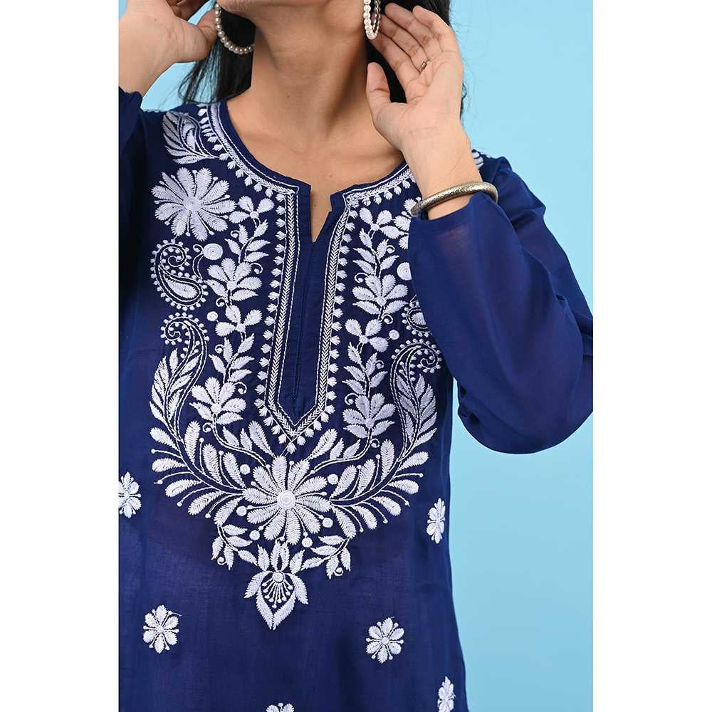 House of Chikankari Zinia Embroidered Cotton Straight Kurta Dark Blue