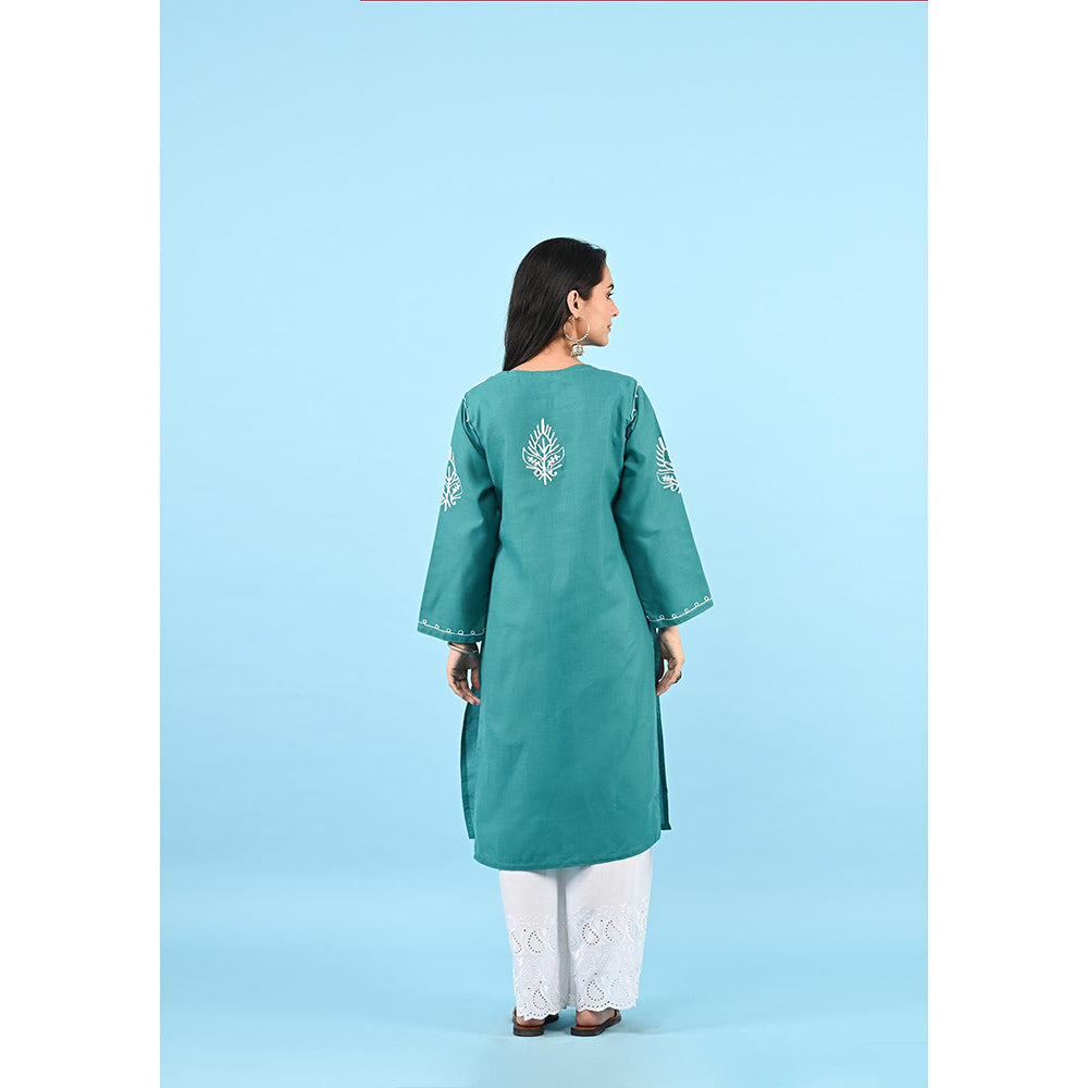 House of Chikankari Zinia Embroidered Cotton Straight Kurta Green