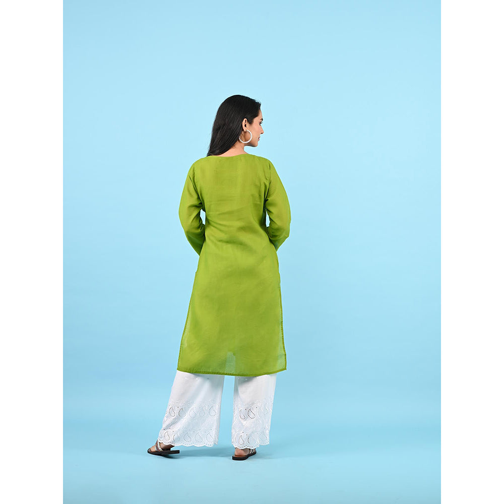 House of Chikankari Zinia Embroidered Cotton Straight Kurta Green