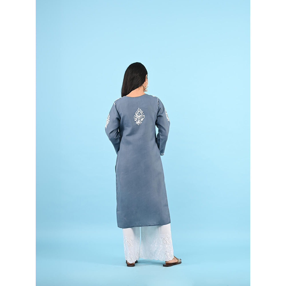 House of Chikankari Zinia Embroidered Cotton Straight Kurta Grey