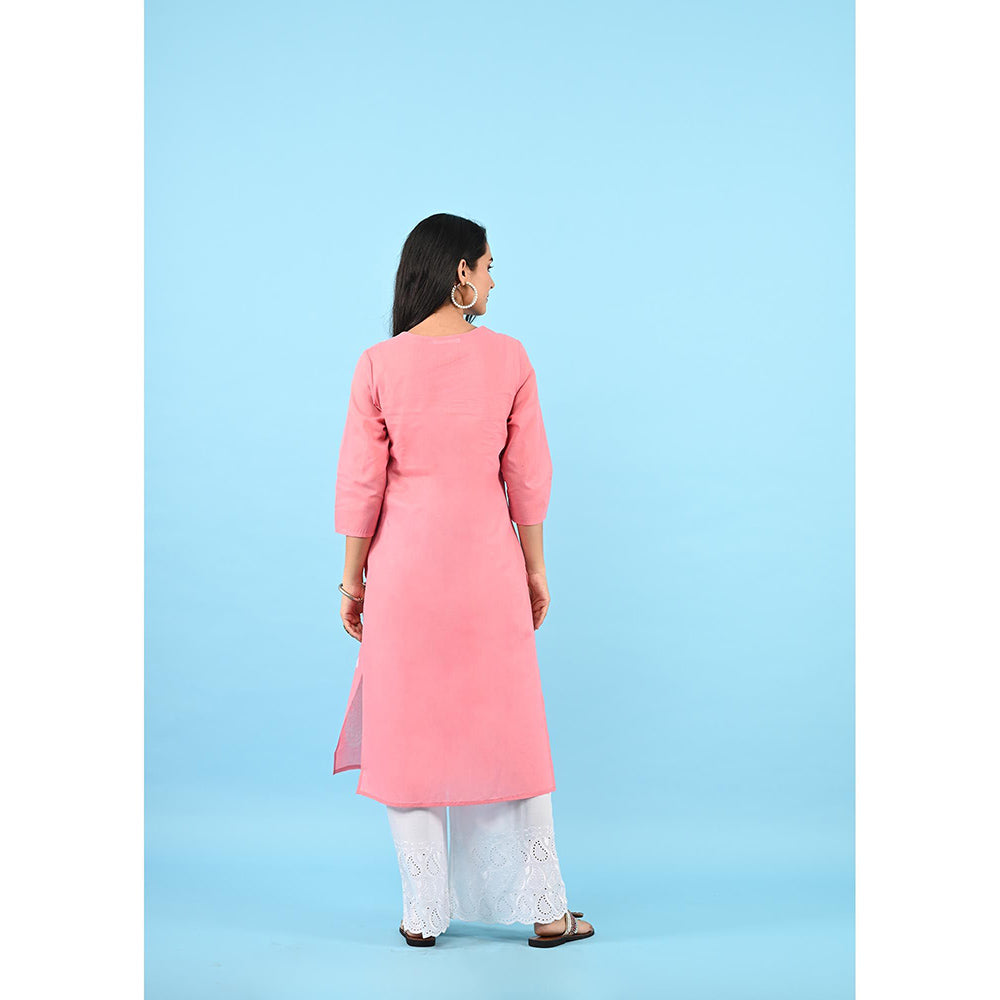 House of Chikankari Zinia Embroidered Cotton Straight Kurta Pink