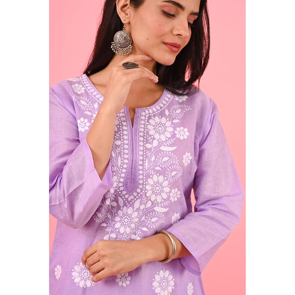 House of Chikankari Zinia Embroidered Cotton Straight Kurta Violet