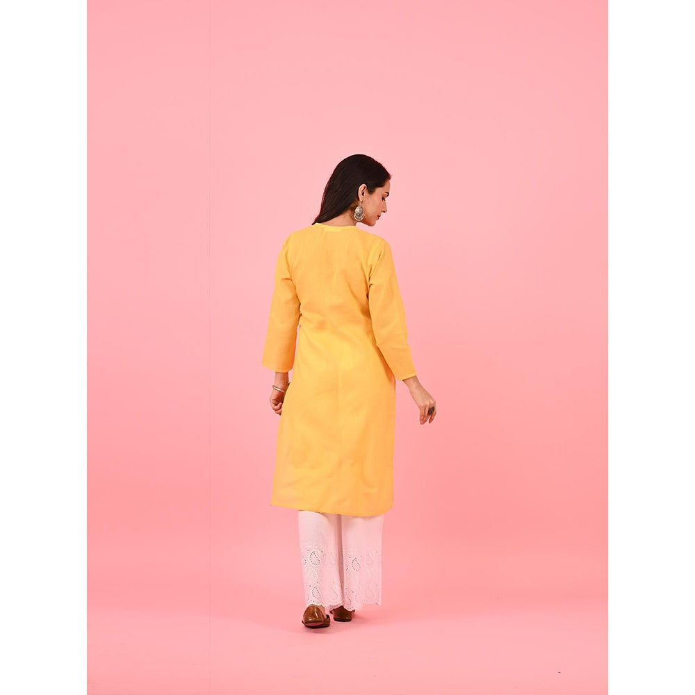 House of Chikankari Zinia Embroidered Cotton Straight Kurta Yellow