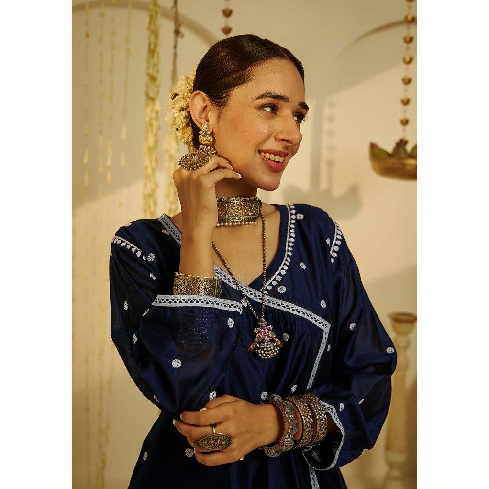 House of Chikankari Mahak Chikankari Chanderi Short Angrakha Blue (Set of 2)
