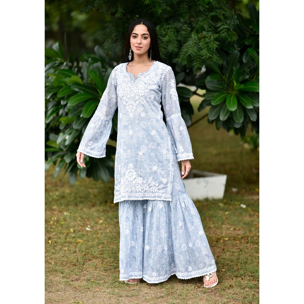 House of Chikankari Marwa Chikankari Mulmul Gharara Kurta Blue (Set of 2)