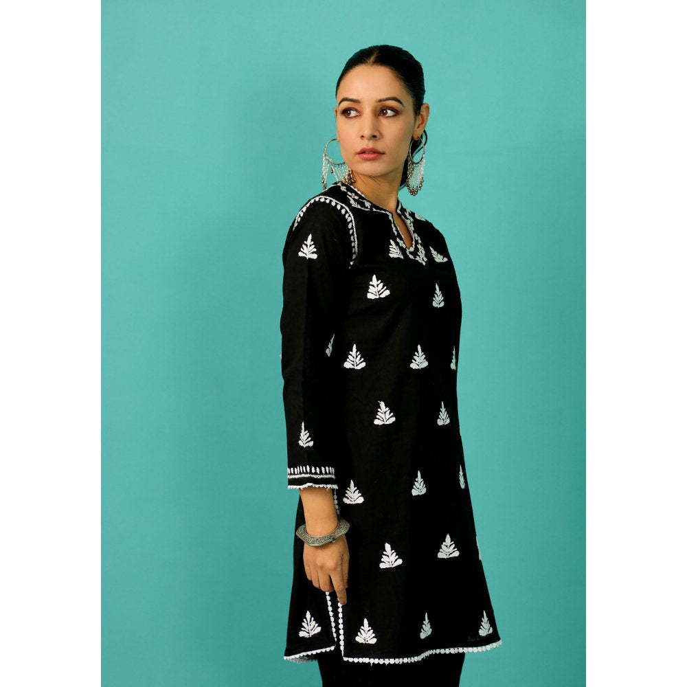 House of Chikankari Chandni Chikankari Cotton Straight Black Kurta With Palazzo (Set of 2)