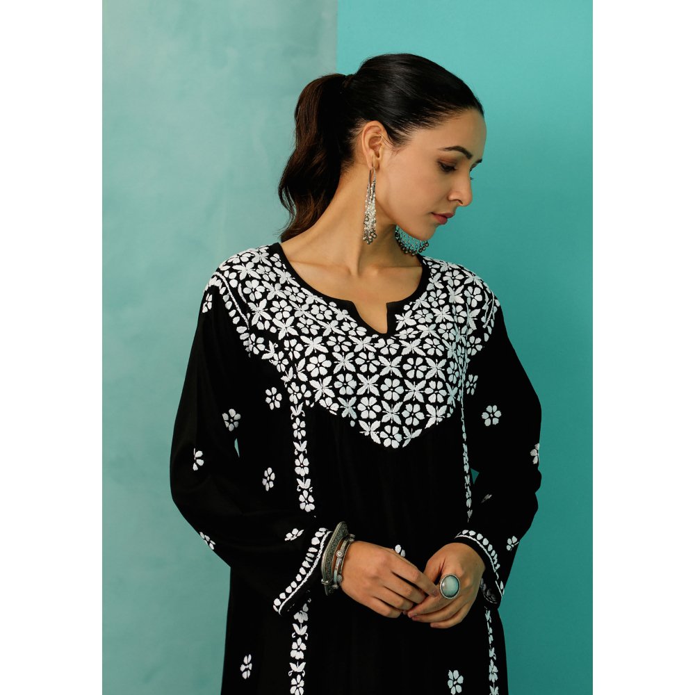 House of Chikankari Chandni Chikankari Rayon A-Line Black Kurta