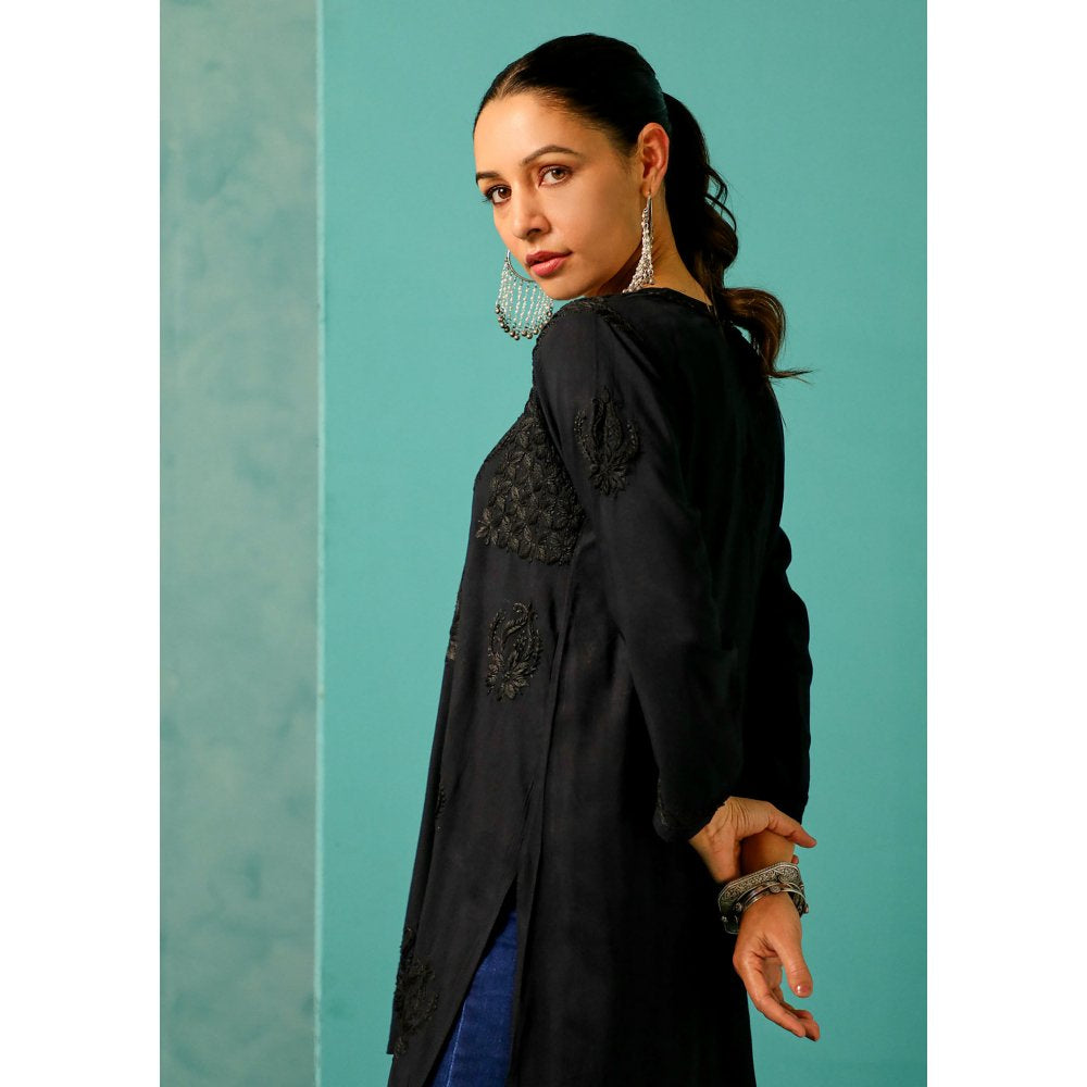 House of Chikankari Chandni Chikankari Cotton A-Line Black Kurti