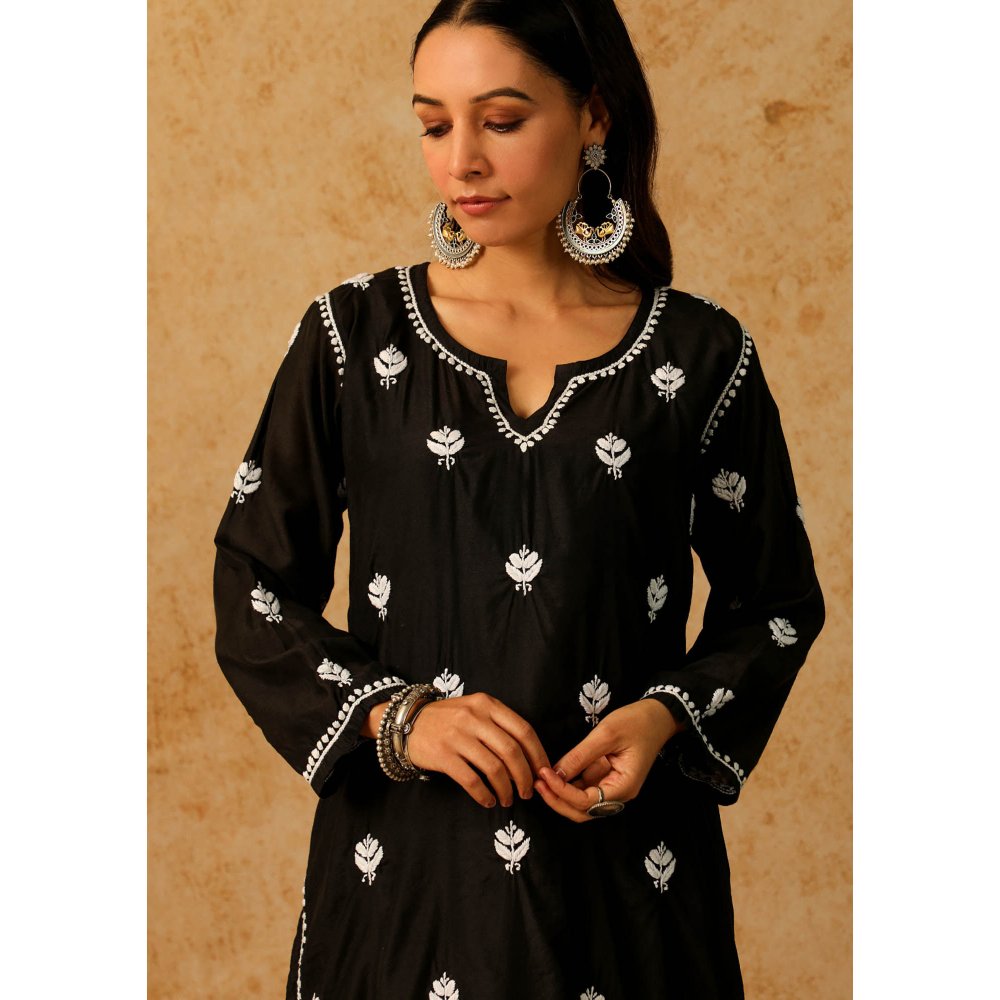 House of Chikankari Black Noor Chikankari Chanderi Straight Kurta