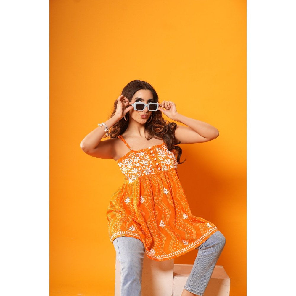 House of Chikankari Jugni Chikankari Mulmul Short Sleeveless Kurti