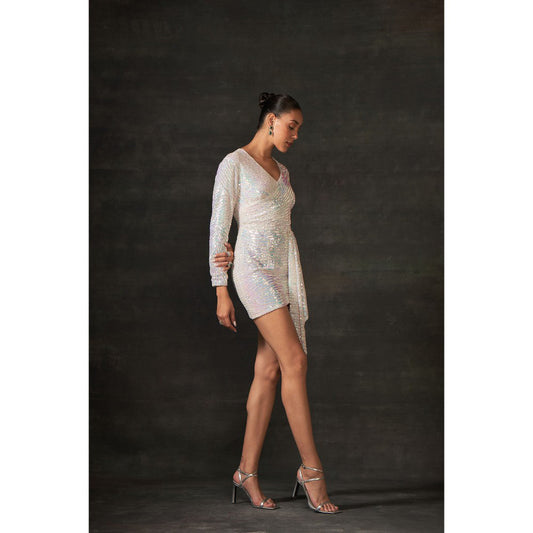 House of Exotique Ivory Sequin Hand Embellished Drape Dress