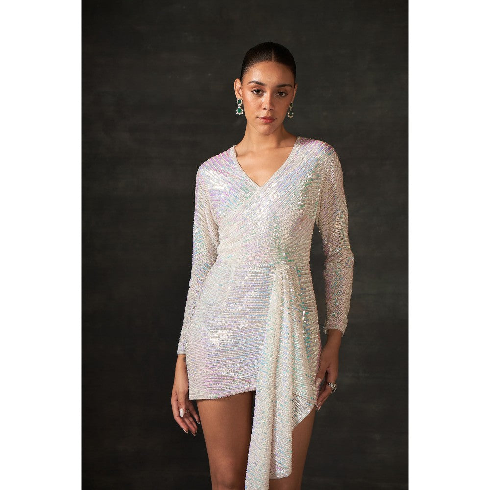 House of Exotique Ivory Sequin Hand Embellished Drape Dress