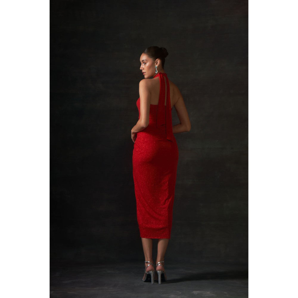 House of Exotique Red Calf Lenth Halter Neck Dress